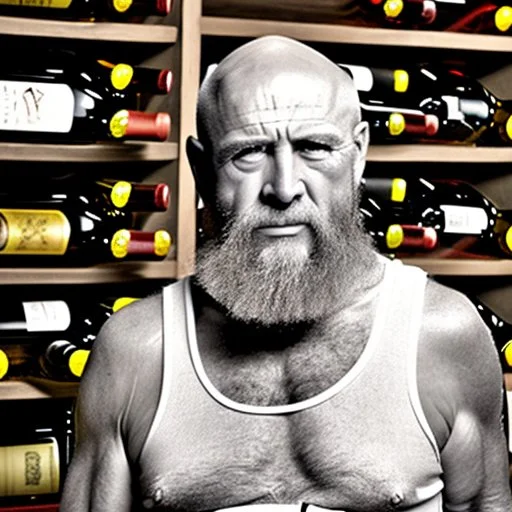 burly ugly 58 year old man bald with short beard and tank top manly chest chooses a bottle of wine in a cellar full of wine bottles dramatic light angry eyes highly detailed