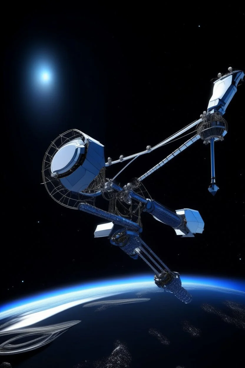 In a sci-fi starry sky background, a slender space flexible robotic arm is located on the satellite in the frame.The images have high resolution