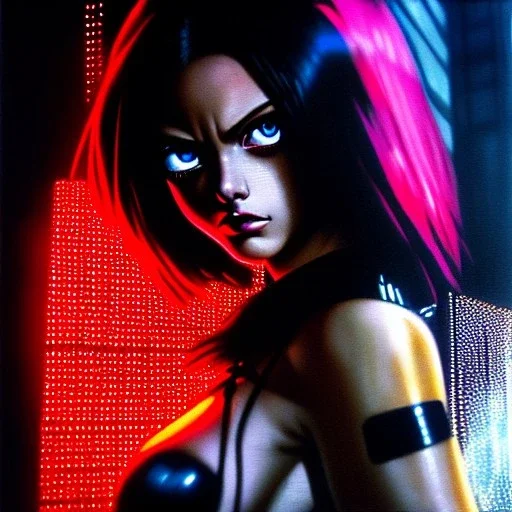 portrait oil on canvas, beautiful punk busty female Alita Battle Angel, intense stare, sad glowing eyes, post-apocalyptic in a cyberpunk city,minimal skintight latex dress, bladerunner movie poster, realistic, intriacte detail,rainy, sci-fi fantasy style, masterpiece, volumetric lighting, particles, highly detailed ,cinamatic , deep colours,8k, in the style of Kaare Andrew