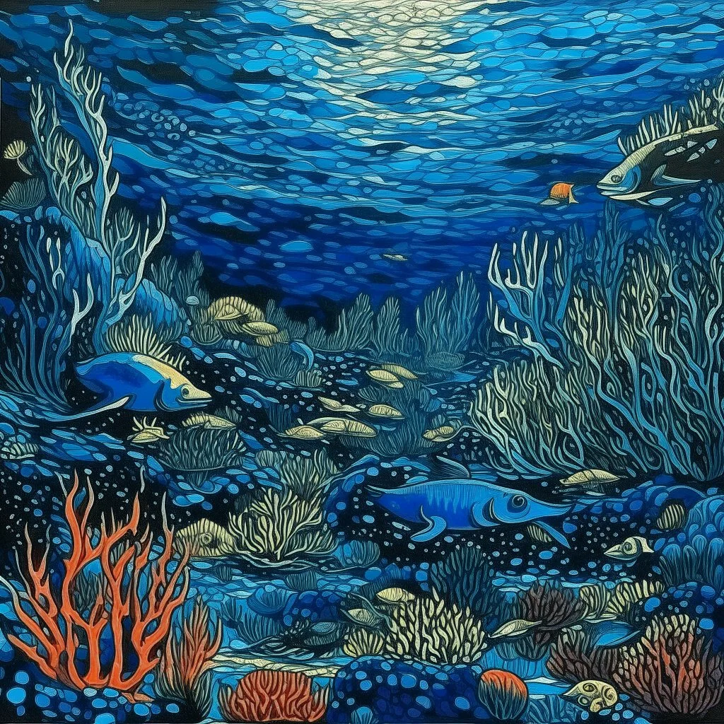 A dark blue coral reef with marine animals painted by Vincent van Gogh