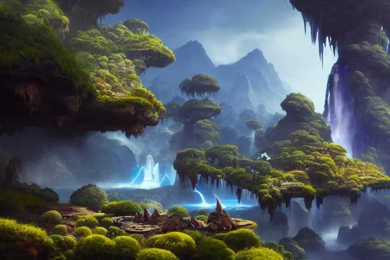 Art by Dylan cole and Eddie mendoza and darek zabrocki, Avatar concept art, pandora, hovering island with waterfall, magnificent landscape, ultra-wide angle, ultra realistic, digital painting, 8 k uhd, dynamic lighting, beautiful, sharp focus, ultra detailed, concept art