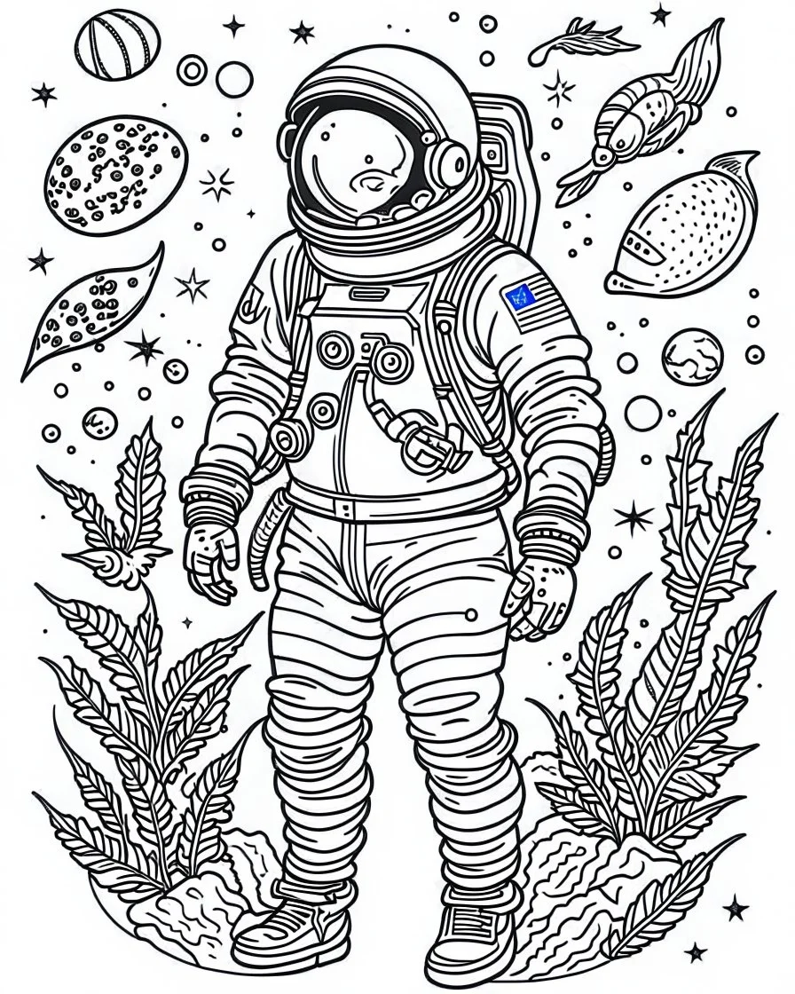 outline art for stoners coloring pages with A very simple and super minimal design featuring A cosmic coloring page featuring an astronaut floating in space surrounded by cannabis constellations., white background, sketch style, fully body, only use outline, cartoon style, clean line art, white background, no shadows and clear and well outlined