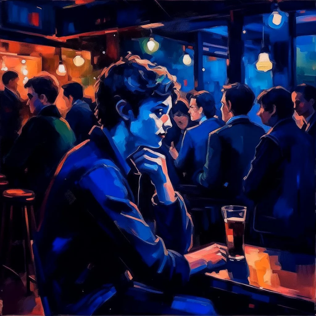 a single figure in a crowded bar at night, young people, dark colors, impressionist style