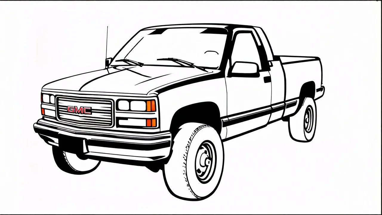 redraw this image of a 1991 GMC sierra with extended cab and trailering mirrors, line art with improved quality