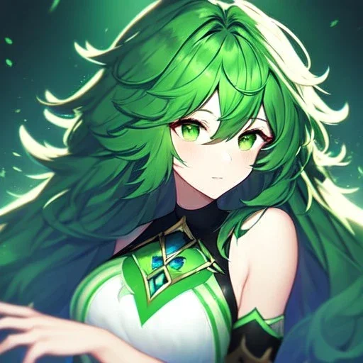 girl, masterpiece, best quality, volumetric lighting, dynamic pose, detailed outfit, perfect eyes, green hair, green eyes, messy hair, hair in between the eyes,