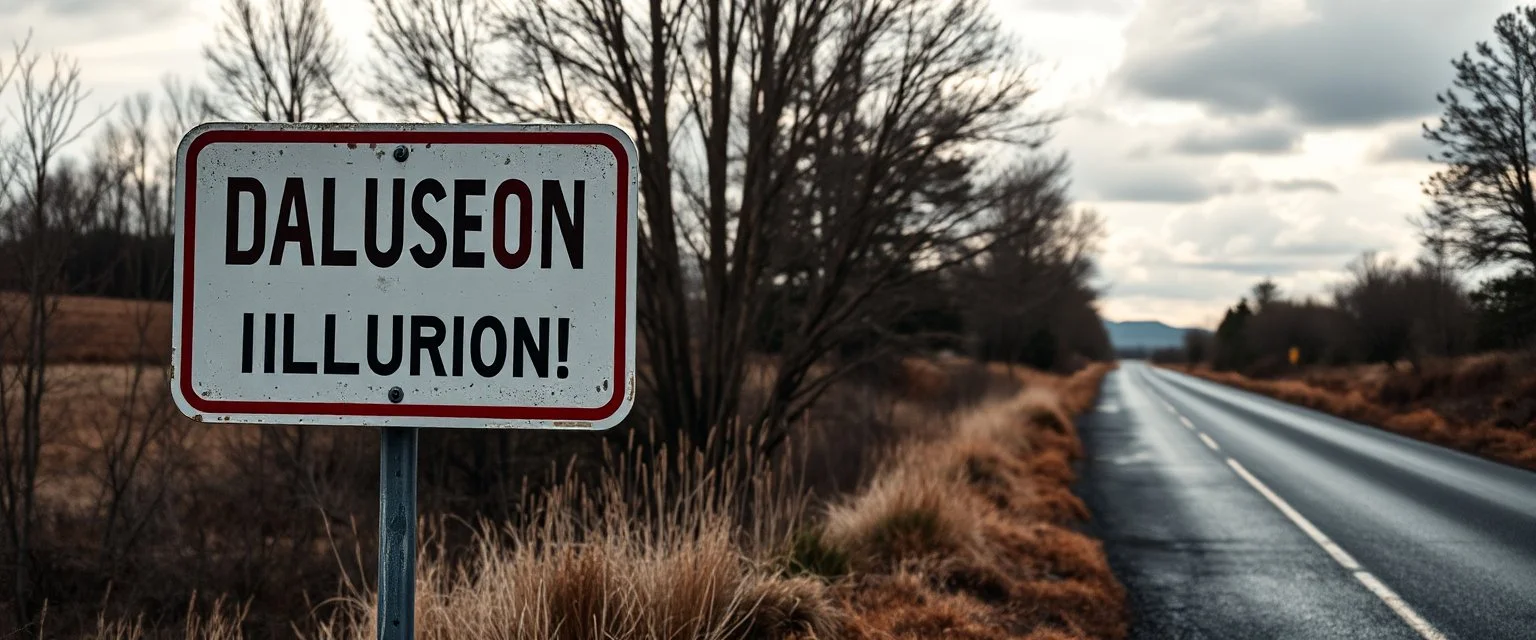 roadside sign warning about dangerous illusions and artwork in the road