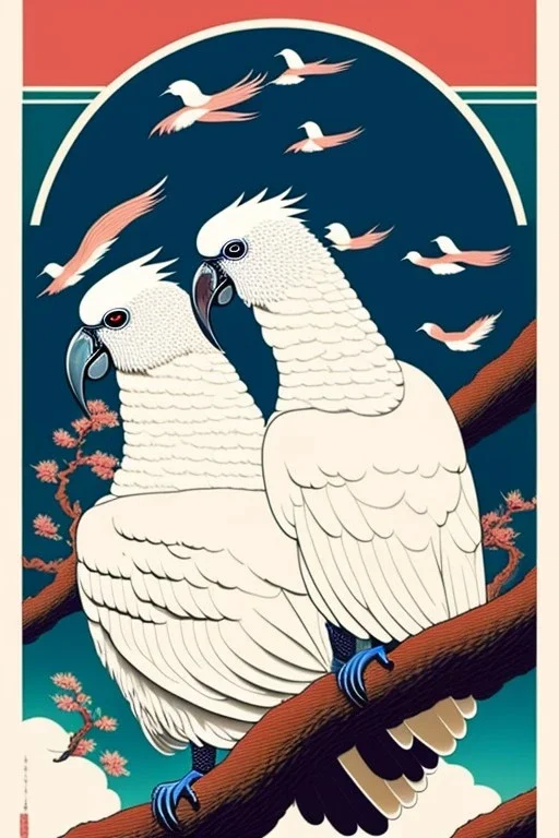  a group of Cockatoos that are on top of each other, a poster by Nōami, ukiyo-e, anime aesthetic, minimalist.