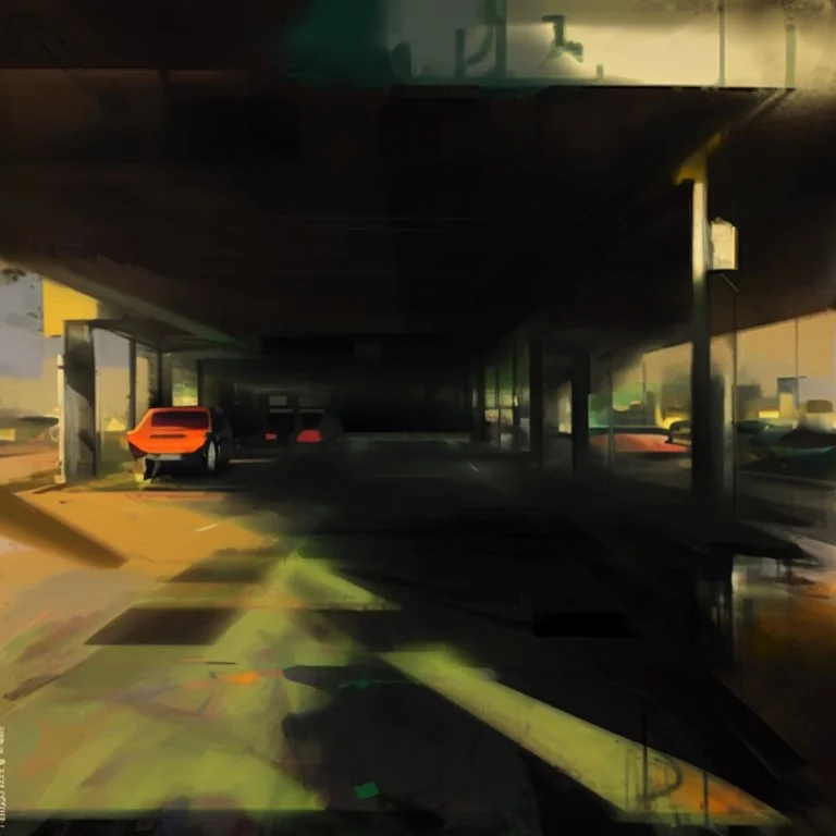 Minimal contemporary abstract oil-painting of desolate 1960s carpark with road markings and concrete fragments. Overlay with grungy typography graphics. style of Justin Mortimer and Francis Bacon.