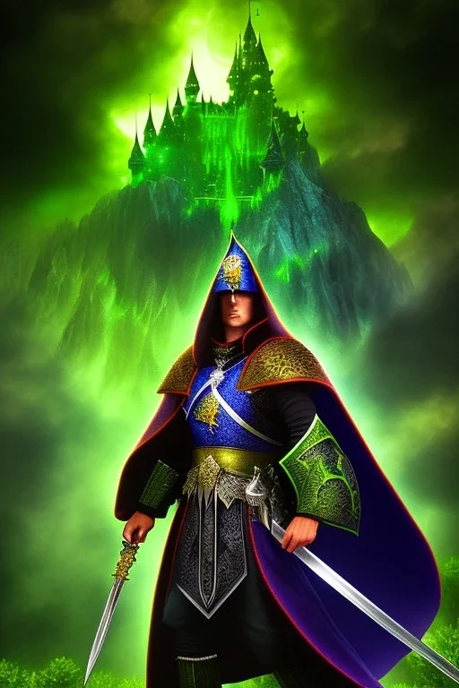 Powerful wizard using green magic, wearing dark cloak, castle in background on mountains