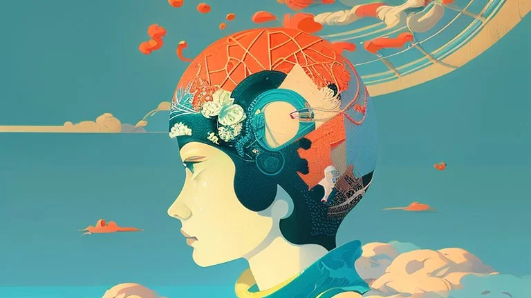 Surrealist Picture Entitled "Abiding In Peace", Hyper-Detailed, Constructivist, Neo-Pop Art, Victo Ngai