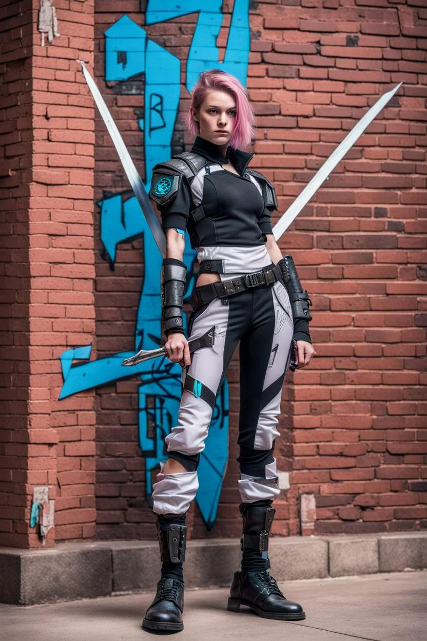 teen woman in retro-futurist cyberpunk costuming with pants and sheathed swords leaning to the side with shoulder against a brick pillar and legs crossed, background is brick with graffiti of a large arrow pointing to the right and text of the word "PUB" on lower left