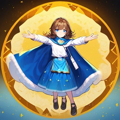 Clear focus, High resolution, A anime teen, cute, rough line skecth, star around kid, sparkling eyes, medium fluffy brown hair, blue sparkling eyes, 1girl (solo), wearing a blue snow cloak and a white shirt, epic battle stance, (((Full body))), yellow stars on skirt, blue skirt, starts in hair yellow