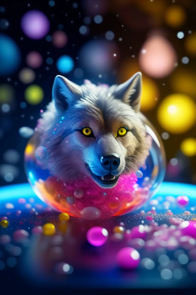 glitter wolf exiting a space ship made of ice cream, smiling with beautiful shiny hair, each inside a pile of transparent jelly bubbles of weird colors, disco egg made of small mirror, light rayz, feast table ,shot on Hasselblad h6d-400c, zeiss prime lens, bokeh like f/0.8, tilt-shift lens 8k, high detail, smooth render, down-light, unreal engine, prize winning