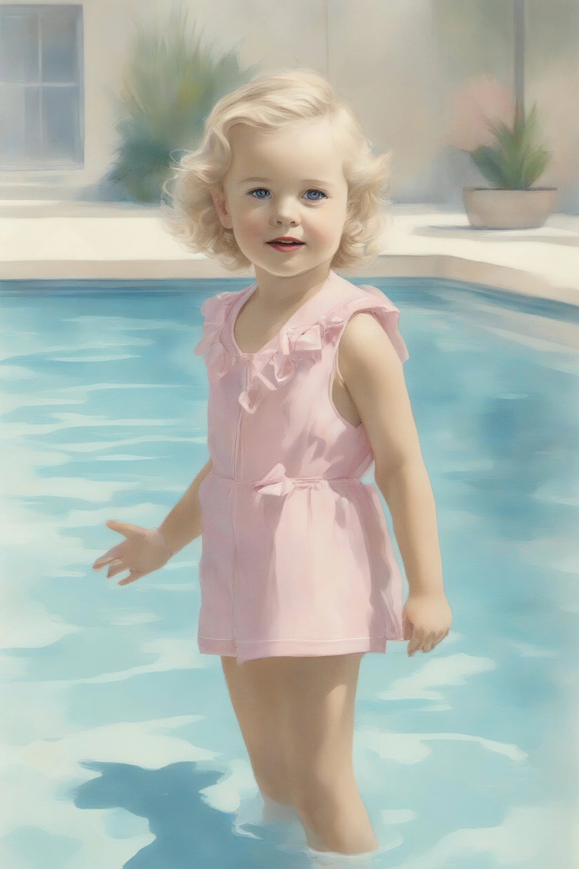 Illustration of fashion model rianne van as toddler,,at the swimming pool, style of Marcel Marlier, pastel colors