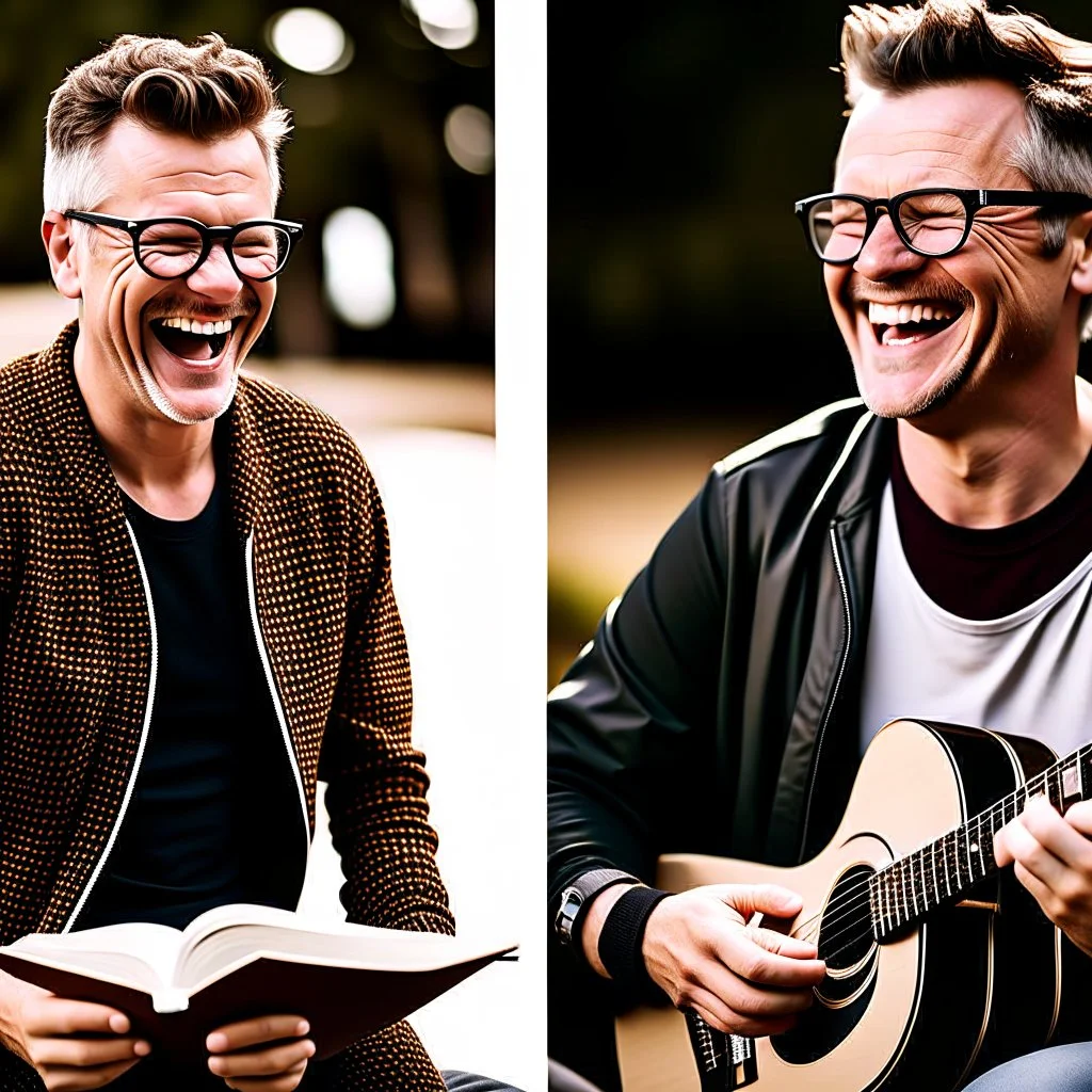 Photo montage of a middle-aged man with short hair. the image-1 shows him laughing in casual attire. image-2 portrays him reading a book in glasses and a sweater. image-3 captures him jogging in sportswear with determination. image-4 depicts him playing guitar in a relaxed environment