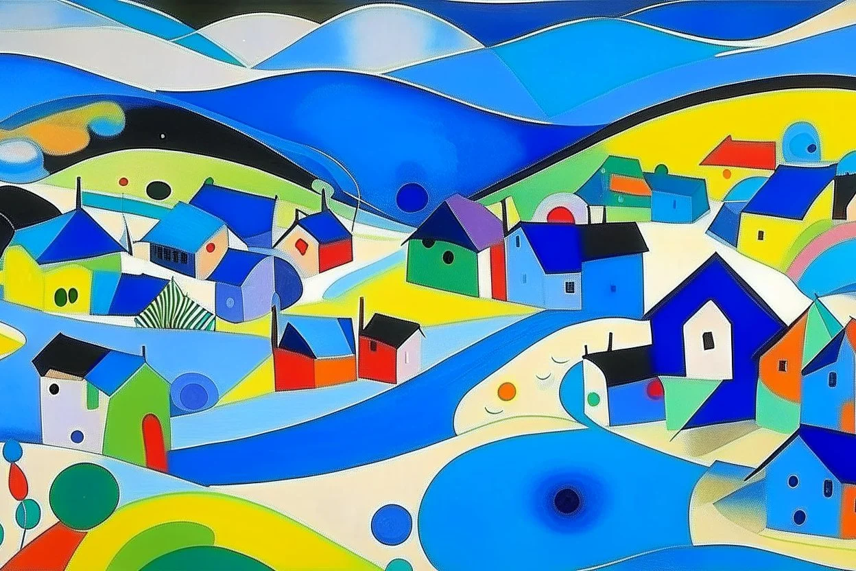 A simple light blue village painted by Wassily Kandinsky