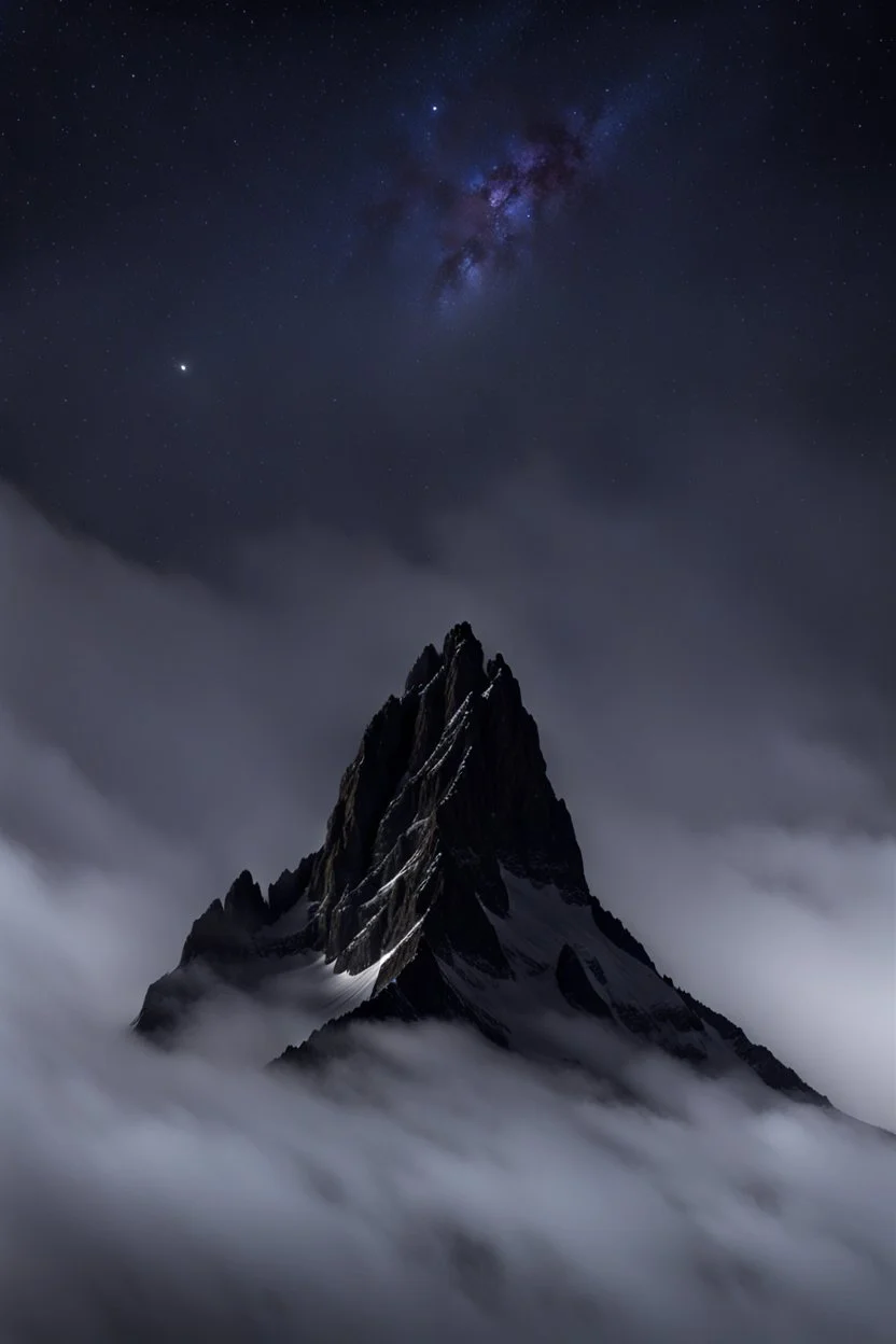 one single mountain sharp face rises out of the mist into the night sky.