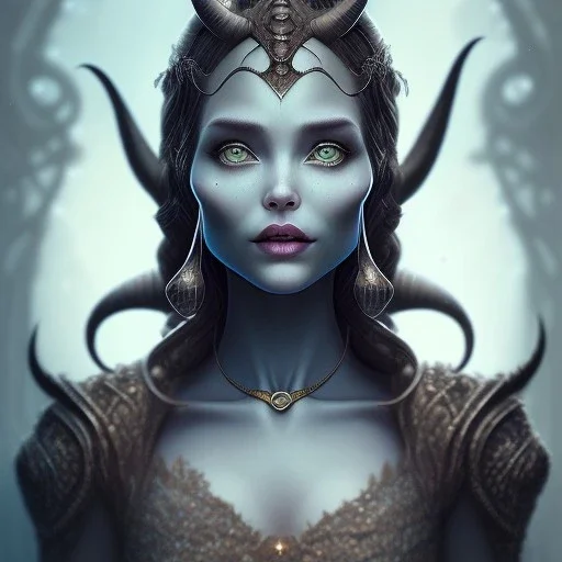 Portrait of old wiched " enchantress Morgan" with and mid-12th century elegant apparel.extremely detailed face,black clear Big eyes,perfectly centered image,intricate detail.korra character face style.and Kilian Eng art color. with black maleficent style horns