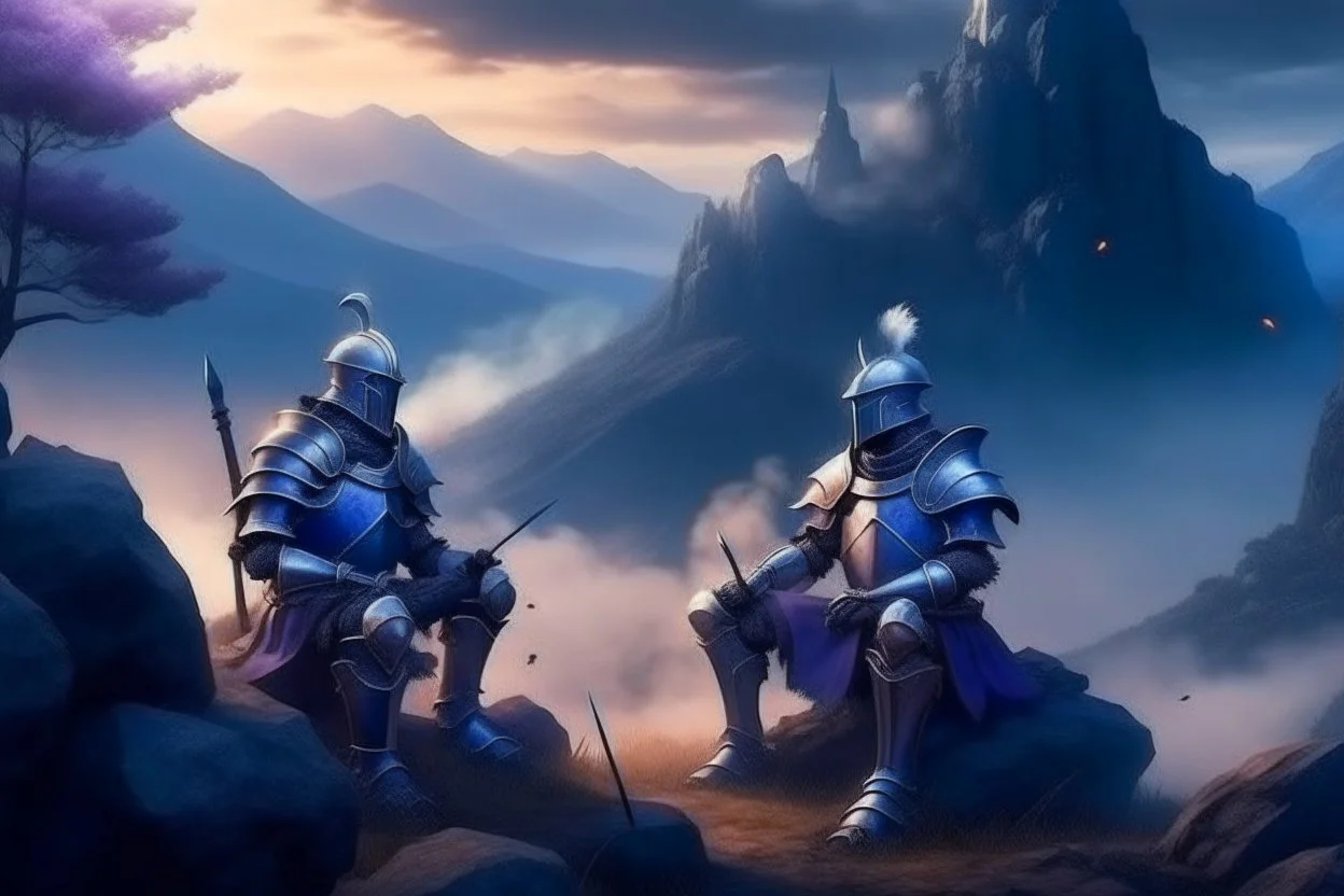 two medieval knights in armor sitting near rocks and smoking while looking at distant mountains with purple and blue distant mist and glowing mushrooms and plants around the soldiers