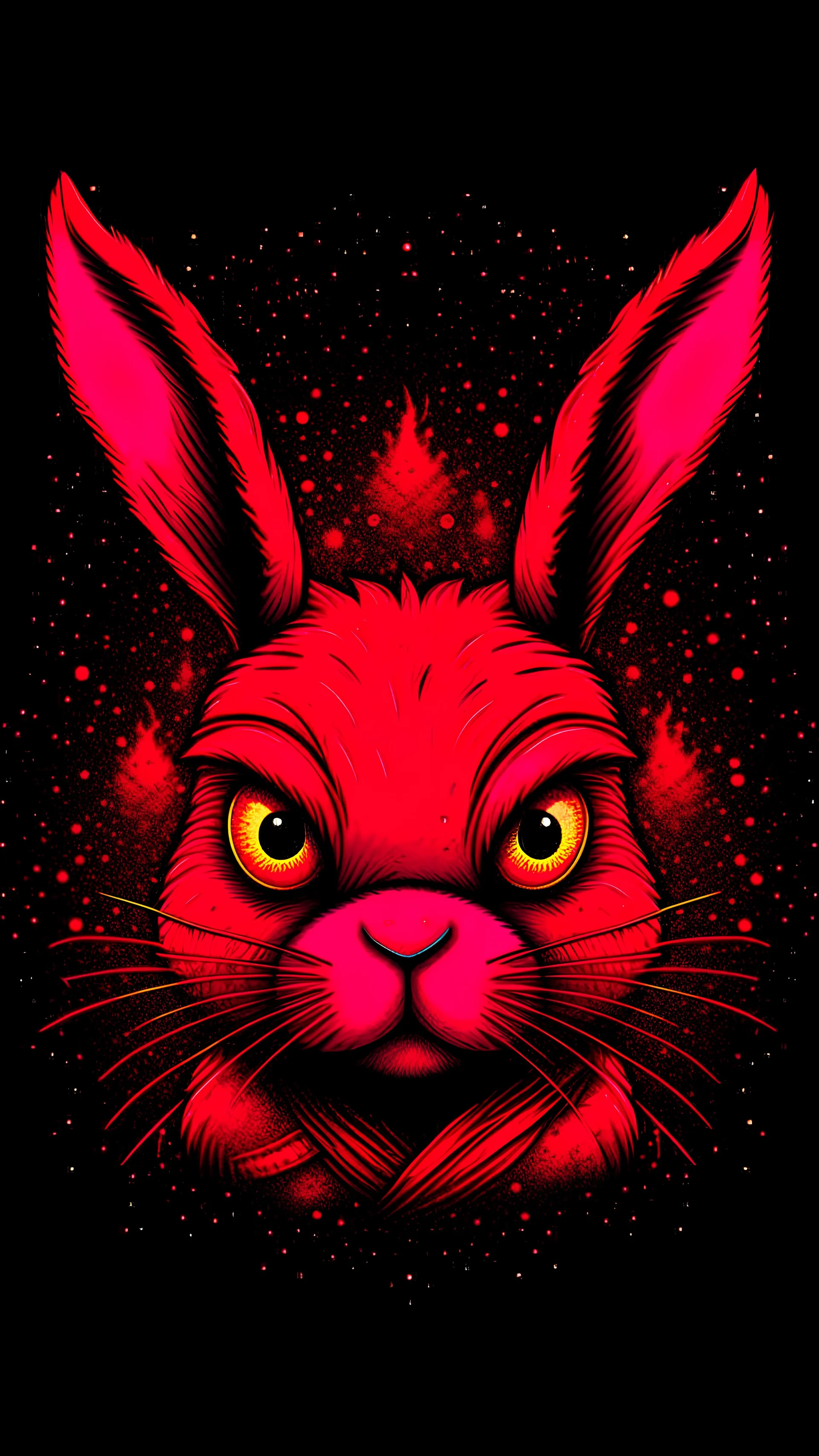 A detailed illustration face evil ninja rabbit,magic, t-shirt design, red color , dark magic splash, dark, ghotic, t-shirt design, in the style of Studio Ghibli, pastel tetradic colors, 3D vector art, cute and quirky, fantasy art, watercolor effect, bokeh, Adobe Illustrator, hand-drawn, digital painting, low-poly, soft lighting, bird's-eye view, isometric style, retro aesthetic, focused on the character, 4K resolution, photorealistic rendering, using Cinema 4D
