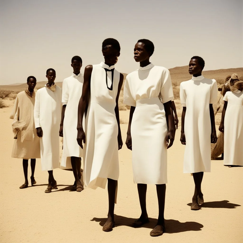 In the style of William Klein, extremely thin and malnourished black African people wearing white collar dress in an arid desert landscape, color photography captured in the style of dslr camera. --ar 62:85 --v 6. 0