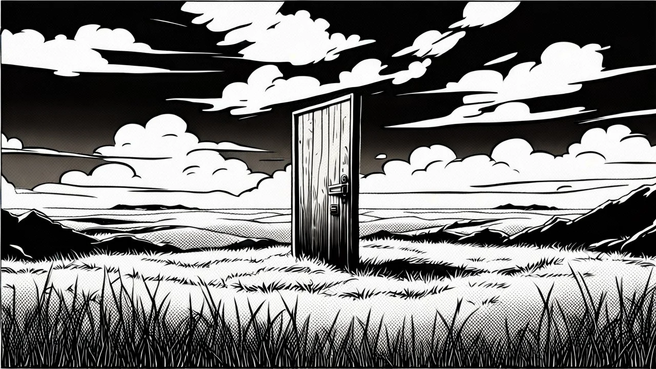 broken wooden door, anime, monochrome, black background, ink, simple, maximum quality, broken hinge, barely functioning, centered on frame, far view, in the middle of a grassy hill, white sky with cumulonimbus