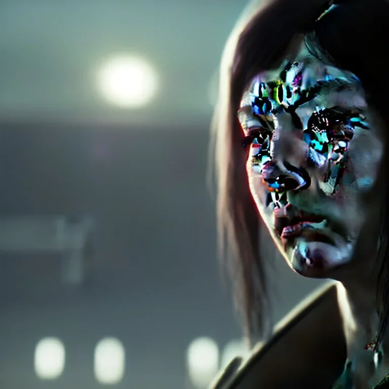 a moody close-up shot of an attractive woman quietly crying in a cyberpunk city