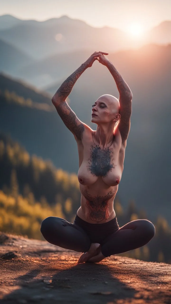 spray paint, body with dark outline, portrait of bald witch as yoga Vampire stretching in the sun with psychedelic tattoos in carpathians montains sun set ,bokeh like f/0.8, tilt-shift lens 8k, high detail, smooth render, down-light, unreal engine, prize winning