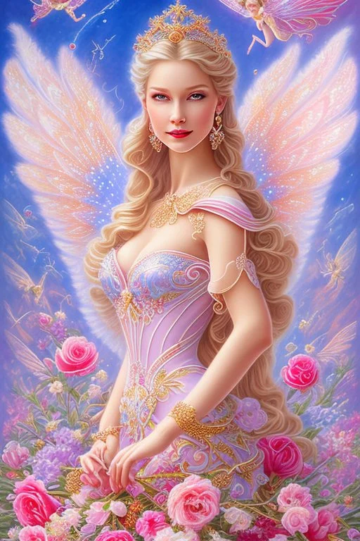 Magnifique woman, lady fairy, facing happy, voluptuous white, pink enchanted flowers, wings magic, long big dress, pink outerspace stars planets, Beautyful smiling, young woman, long hair amazing blue eyes, flowers, happy cosmic, bright colors, blue, pink, gold, jewels, realistic, photo real, clear sunny background, highly detailed, high contrast, 8k high definition, unreal engine 5, extremely sharp detail, light effect, sunny light background