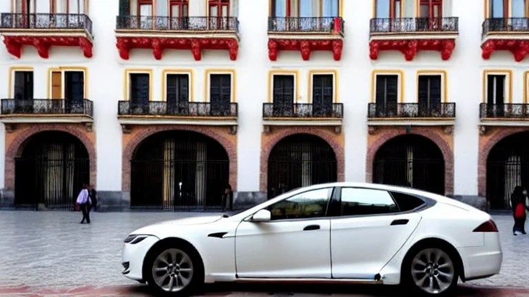 A Tesla's 'Model S Plaid' is parked, at the 'Plaza de la Constitución', in the city of Mexico. CINEMATIC. WIDE ANGLE LENS. PHOTO REAL.