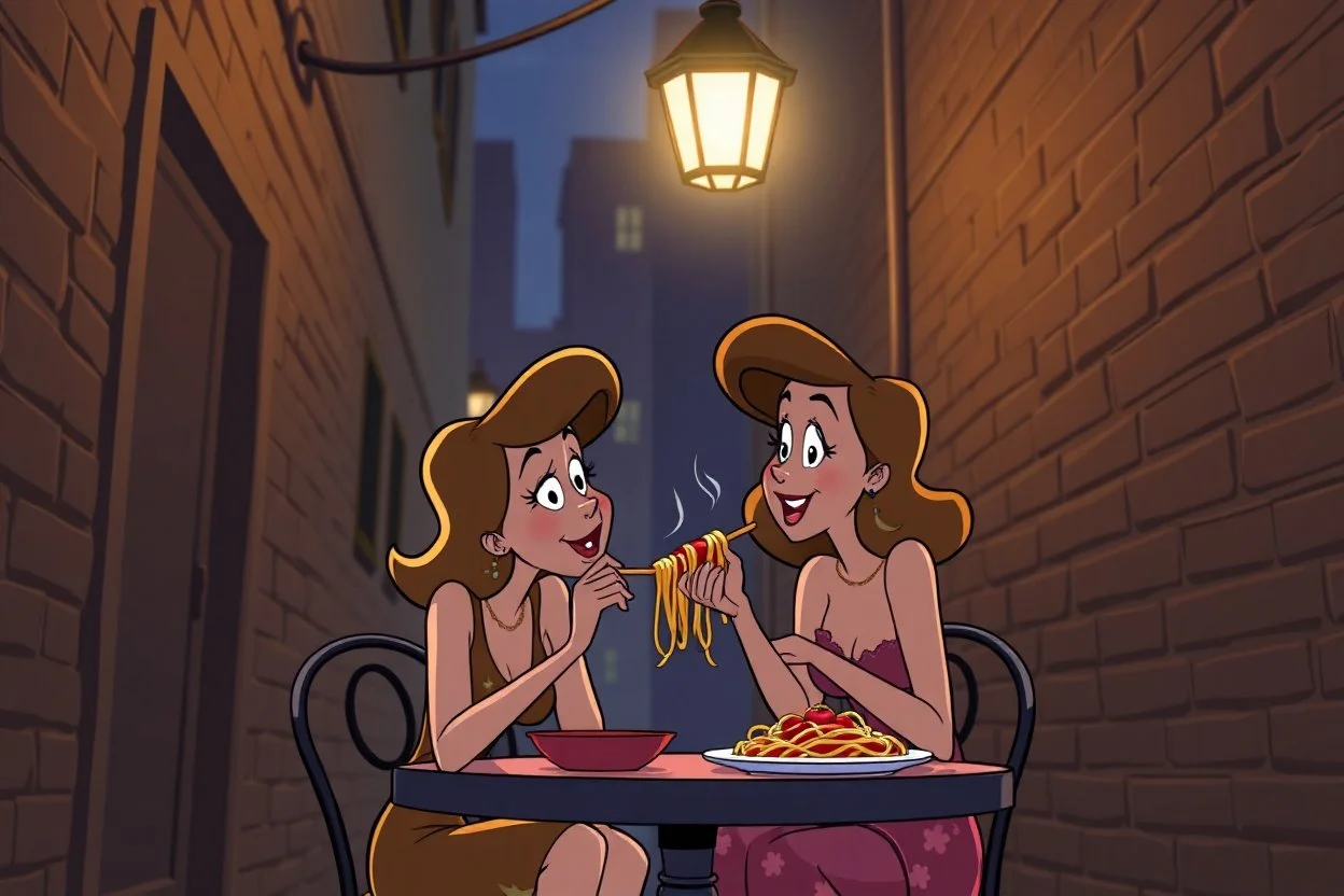 iconic lady and the tramp eating spaghetti in an alleyway under a streetlight, cartoon, disney, romantic