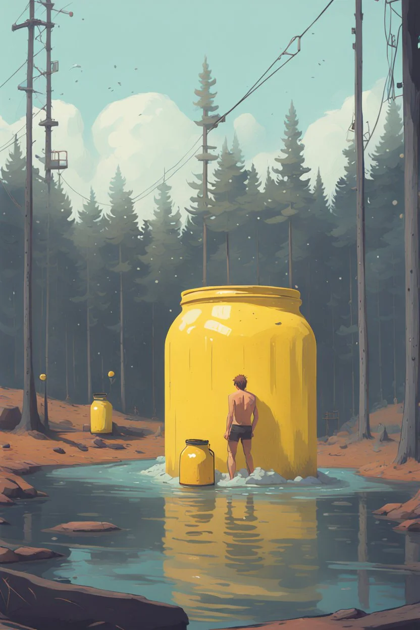 a picture of a guy bathing in a big yellow jar, he is in a adventure park with his girlfriend, art style simon stålenhag