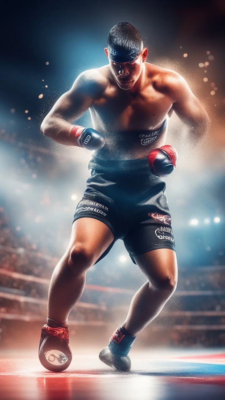 paralympics, knock out in the ring, picking up body, in spotlight, magazine cover illustration with spray paint, signed, bokeh like, down-light, unreal engine, prize winning