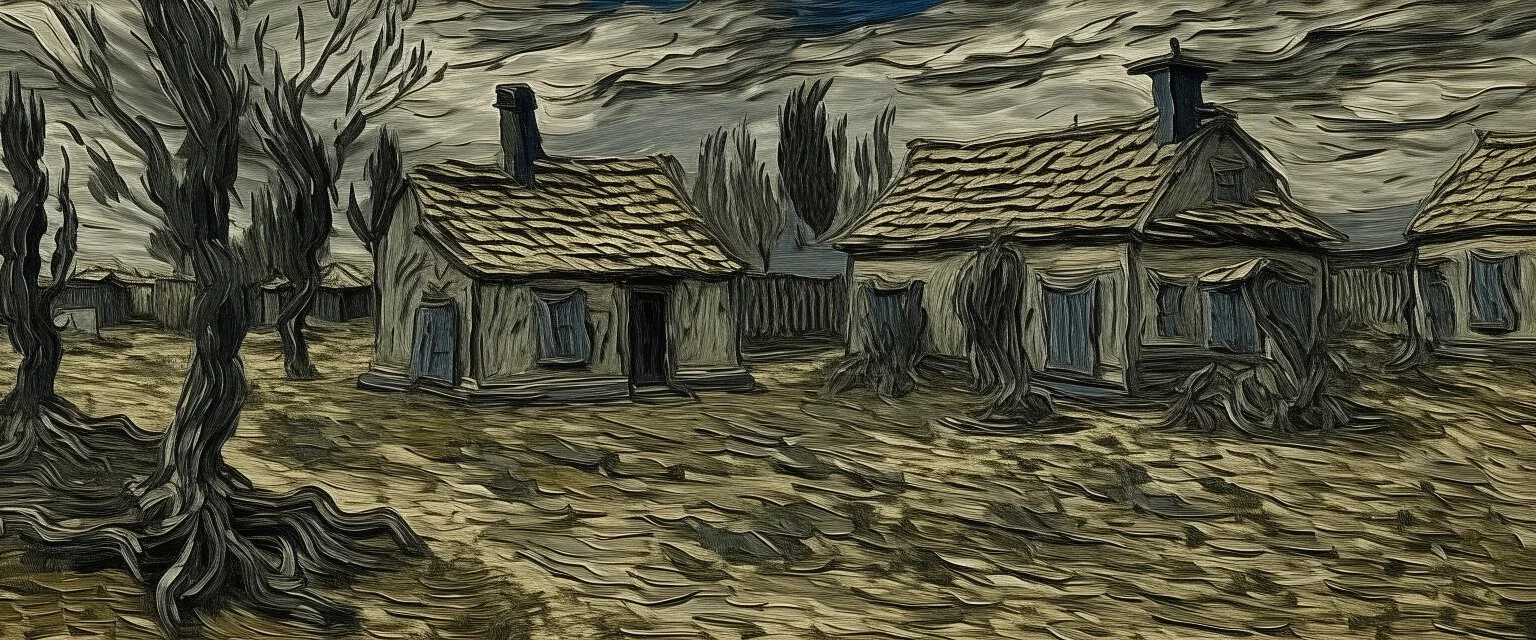A dark gray rustic military base painted by Vincent van Gogh