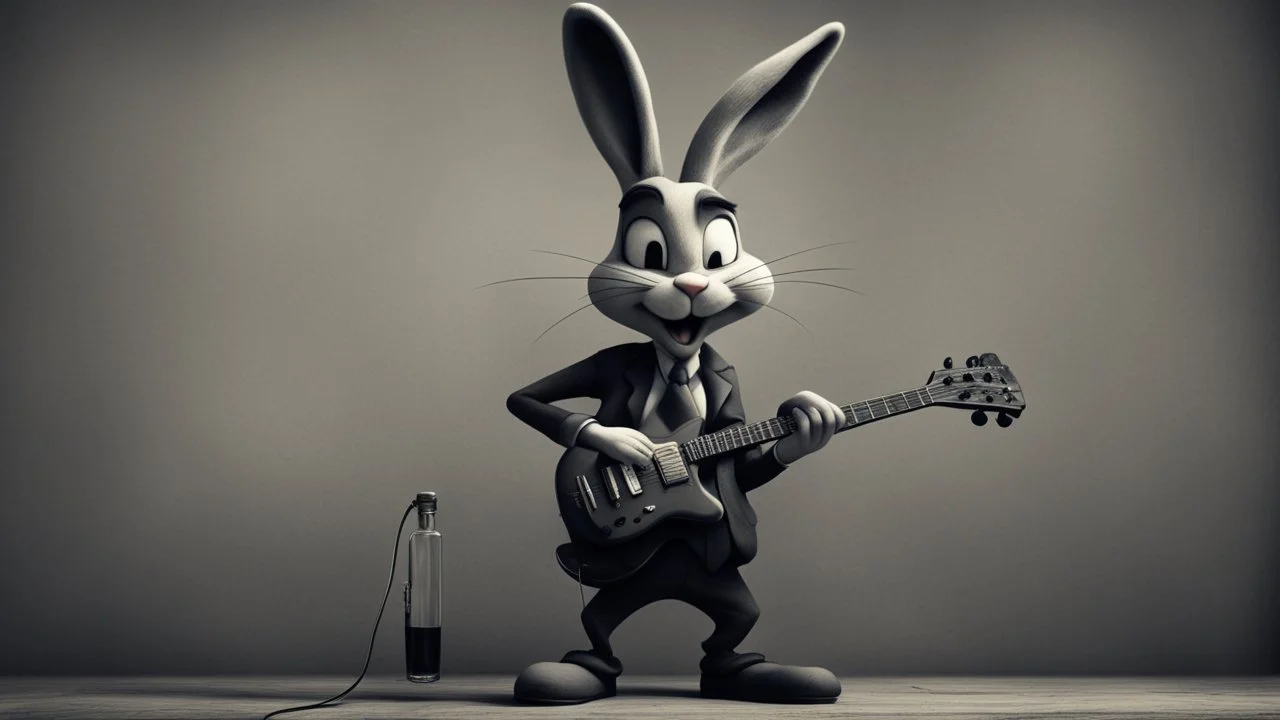 photorealistic deppressed dark melancholic sad Bugs bunny deppressed doing music rock and roll dark heavy metal on a scene alcoholic, ciggaretes ciggaretes ciggaretes sad sad sad sad sad ciggarets alcoholic alcoholic