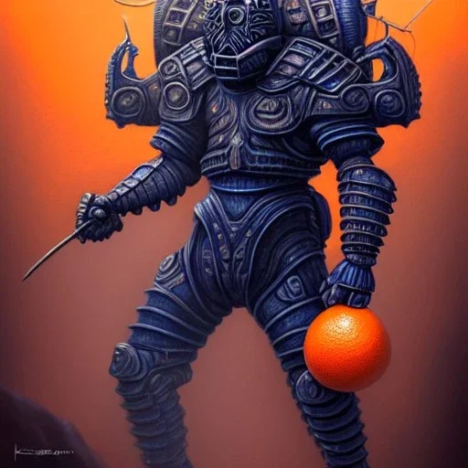 an orange fruit warrior in full navy blue and orange battle armor, a highly detailed illustration, background of Inka jungle, realistic render, 8 k, micro detail, intricate, elegant, centered, digital painting, Artstation, smooth, sharp focus, illustration, artgerm, tomasz alen kopera, peter mohrbacher, donato giancola, joseph christian leyendecker, wlop, boris vallejo