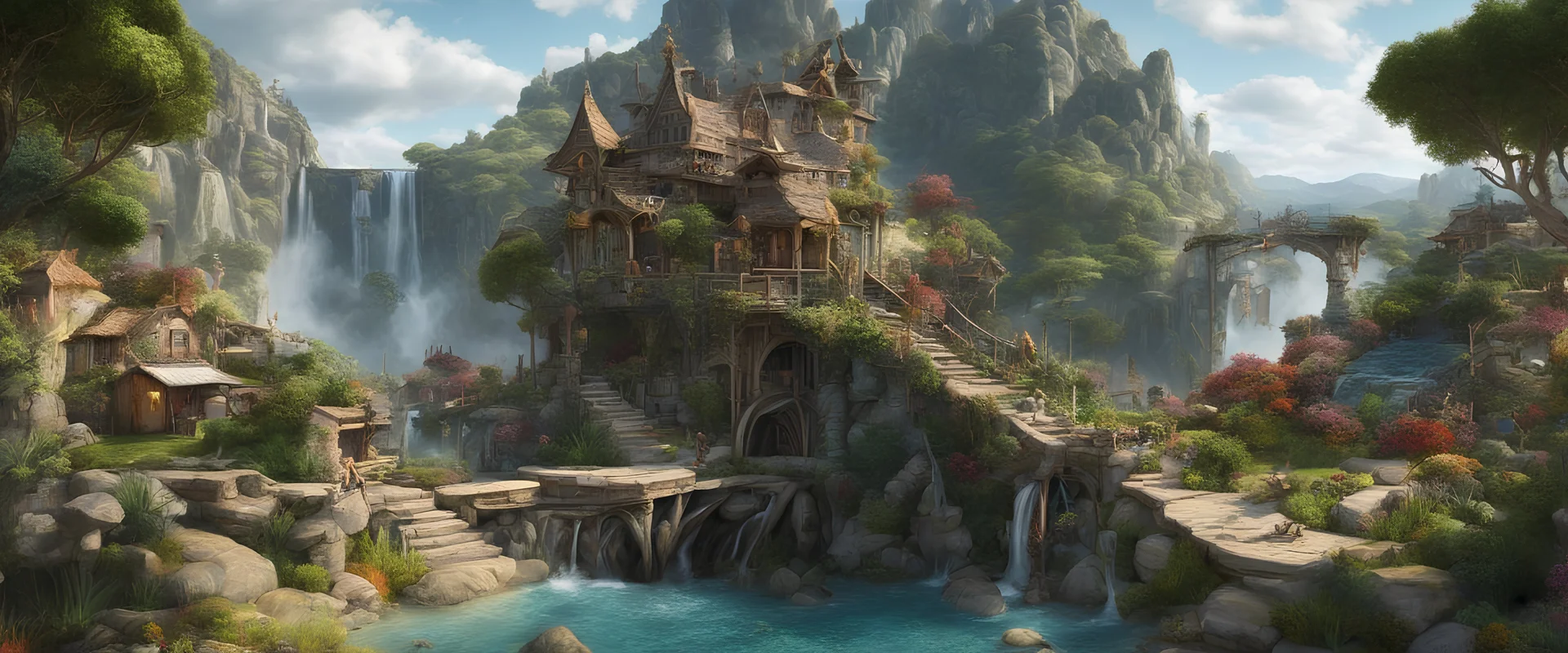 An outdoor surrealist market in a beautiful surreal outdoor countryside summer scene with hills, intricate dwellings, weird creatures, many pathways & stairways, waterfalls, & a waterwheel : in the style of Salvador Dali & Hieronymus Bosch, very high detail, photorealistic, epic cinematic, 8K, Large depth of field