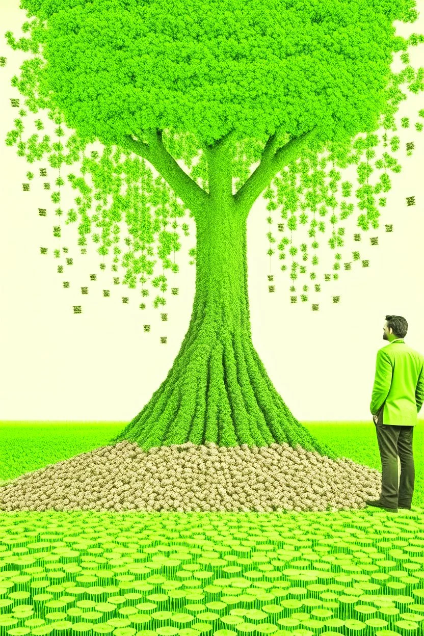 small man looking at big tree full of cash notes