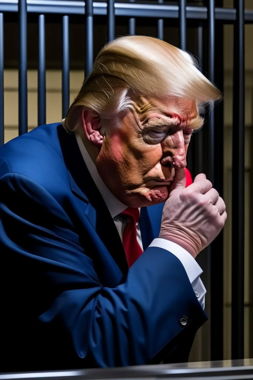 president donald trump angrily crying in a prison cell