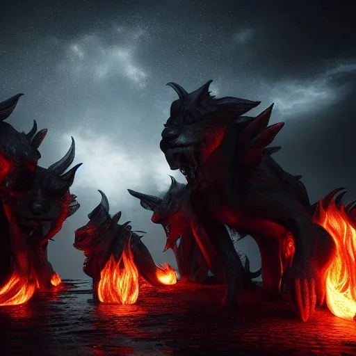 Cerberus, character-design, fire pouring from each mouth, full body, fiery dark skies in the underworld with Hades in the background, 8k, highly detailed, hyperreal, octane render, hdr, dark, sparkling lights, mysterious, surrealism, campbell white, 8K