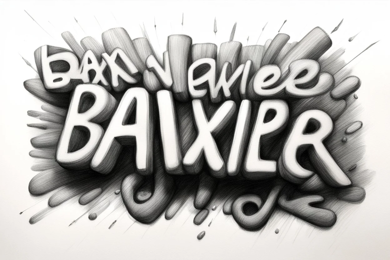 a drawing with sketch lead pencil, The word BAXER floating like a big sign, strong painting