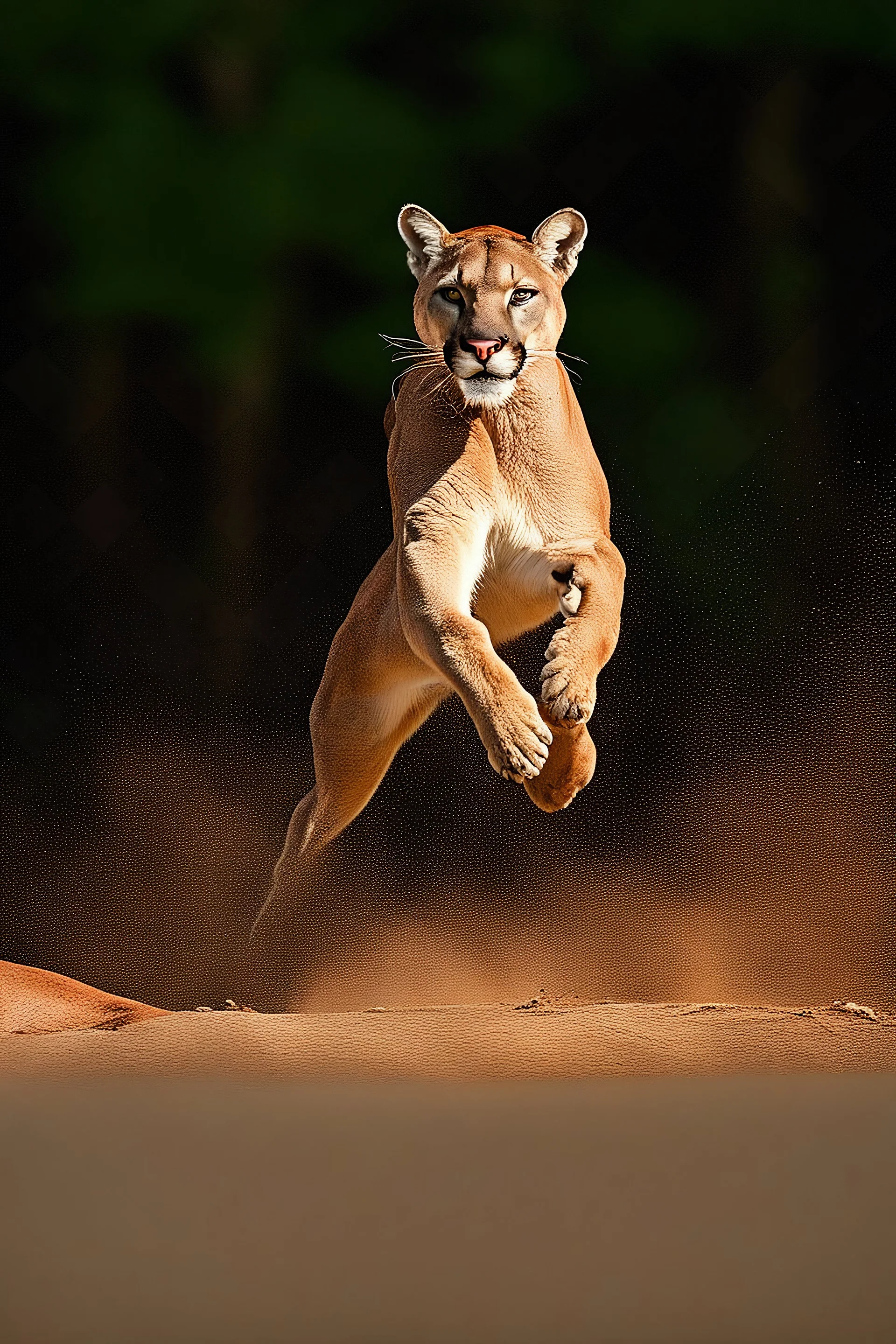 A large kentucky mountain lion chasing a male white tail deer, dynamic action, jumping, splashes of sand, nature photography, raking light, blue lights in the background --ar 16:9 --style raw --v 6.0