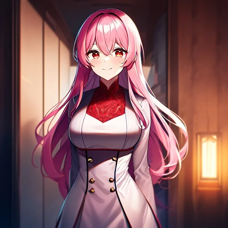 girl, masterpiece, best quality, cinematic lighting, detailed outfit, perfect eyes, pink hair, vibrant red eyes, girl, nervous smile, indoors, depth of field,