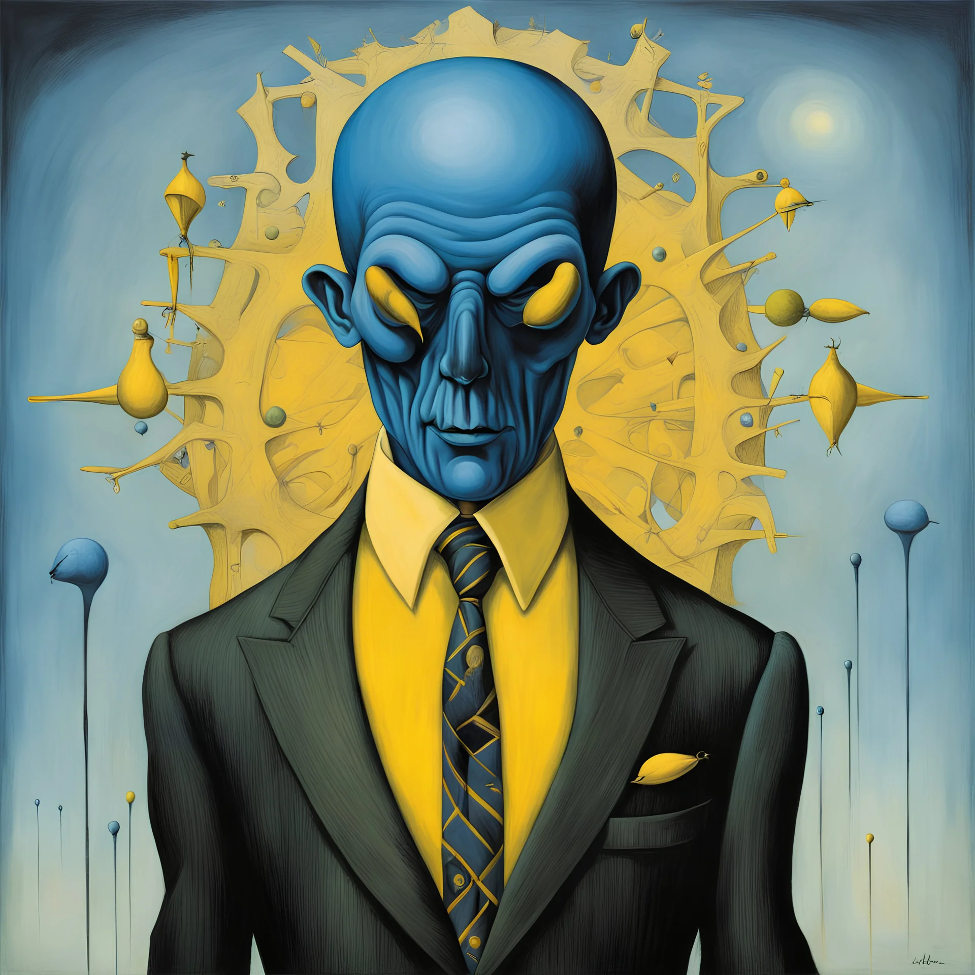 Neo Surrealism, horrifying and absurd, by Magritte, existential residues of past failures surrealism, blue - yellow - black color scheme, assisted by Gabriel Pacheco