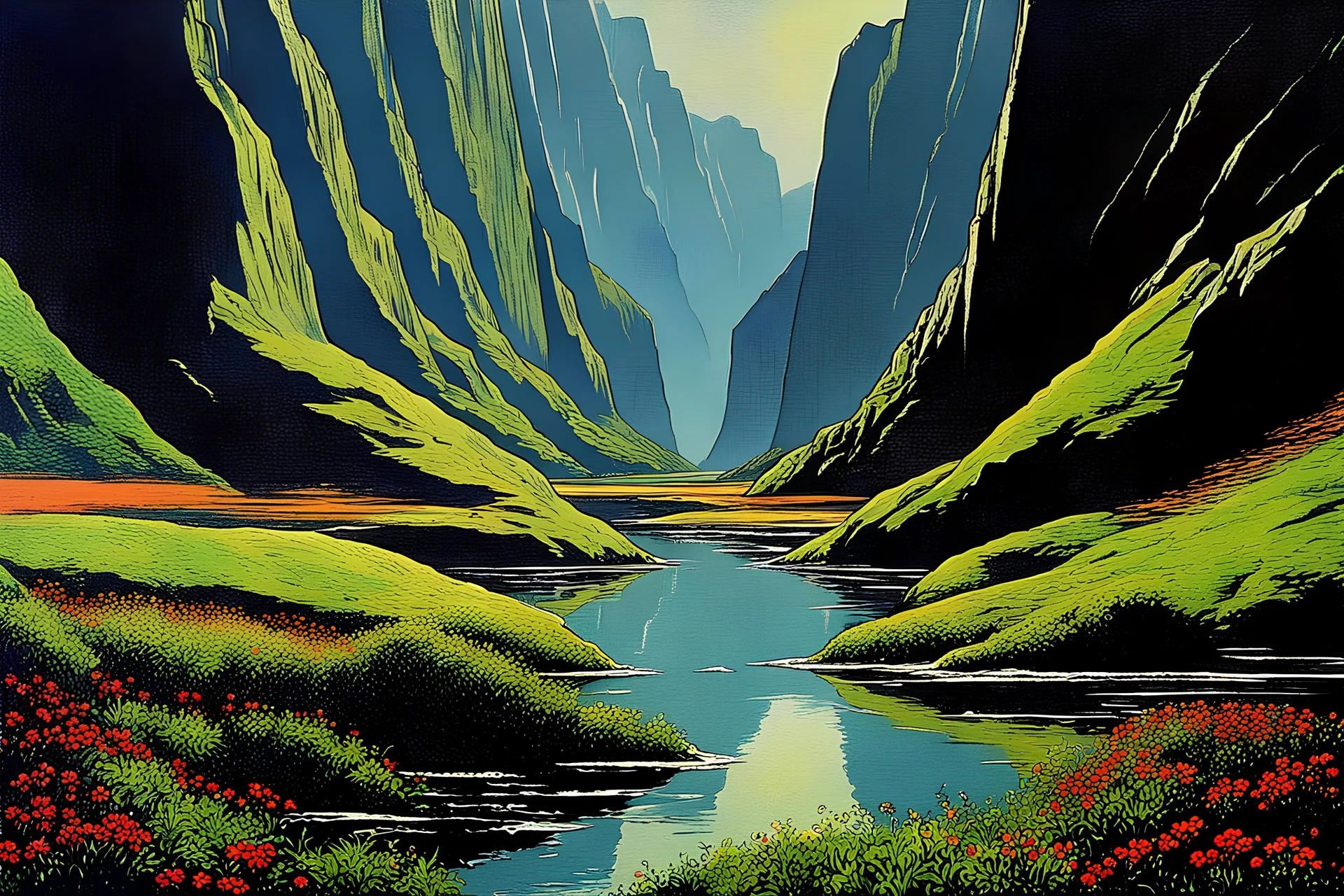 Mountains, weeds, logan's run 1976 movie influence, cosmic, people, rocks, river, very epic and philosophic, otto pippel impressionism paintings