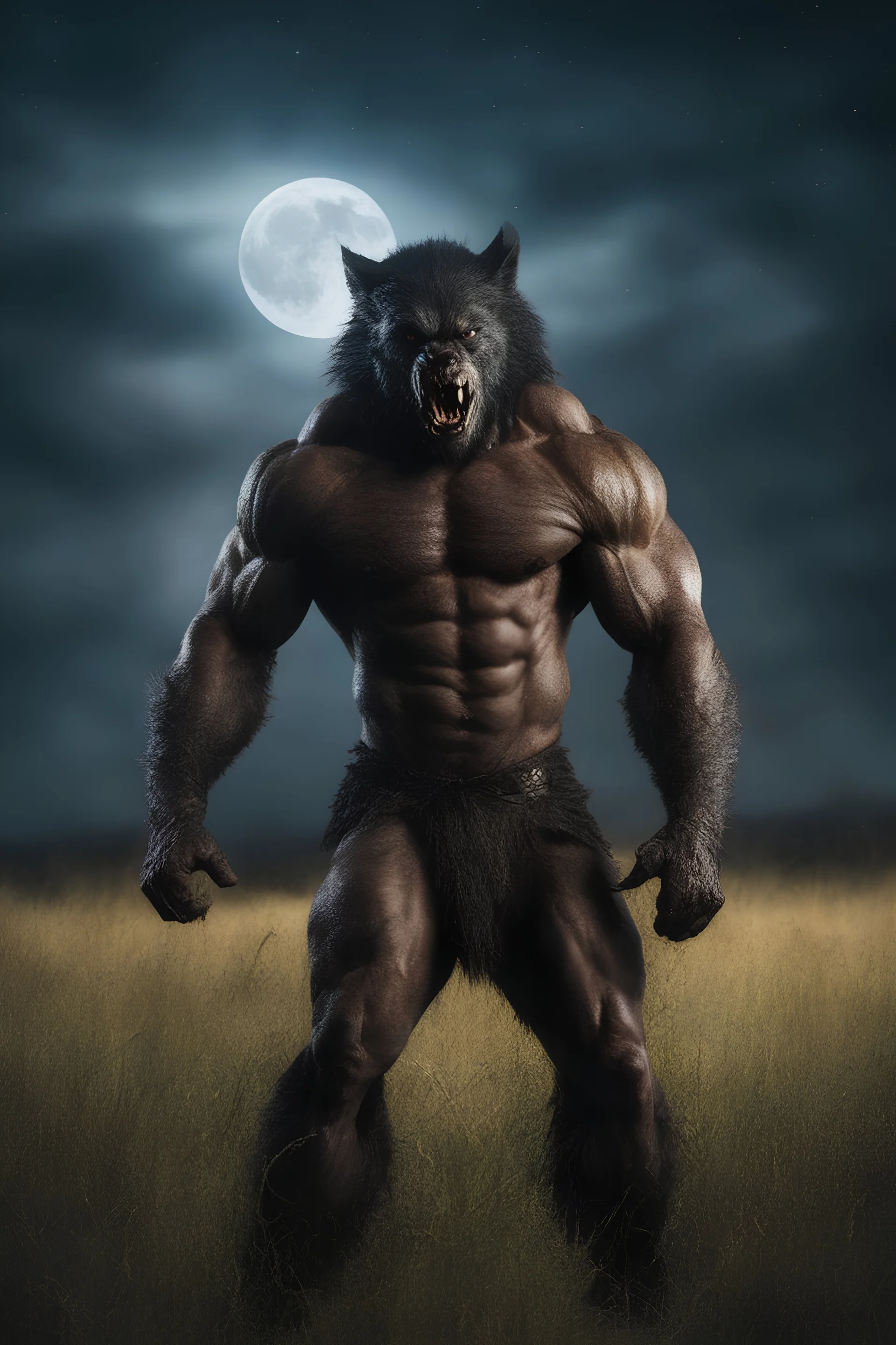 an extremely muscular, and scary looking werewolf in a field, Extreme reality, photorealistic, realistic, lifelike, Absolute reality, Botany, Starry, Moon lit, Retro Pop, Dark Fantasy, Horror, Festive, Realistic - 32k, UHD, professional quality, 8 x 10 digital photograph