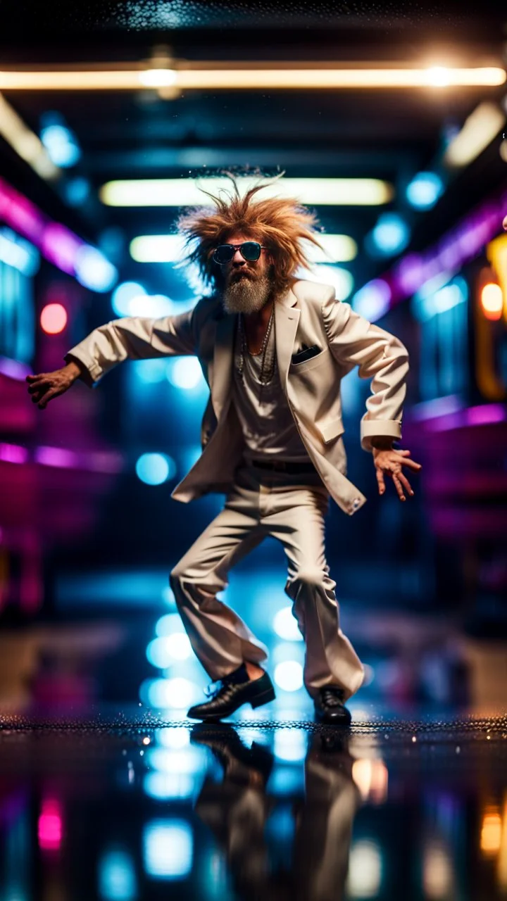 funky punk hippy hairy white skinned pimp tap dancer fashion gremlin in the middle of crazy dance moves dancing on buss parked in dark lit reflective wet hall tunnel,bokeh like f/0.8, tilt-shift lens 8k, high detail, smooth render, down-light, unreal engine, prize winning