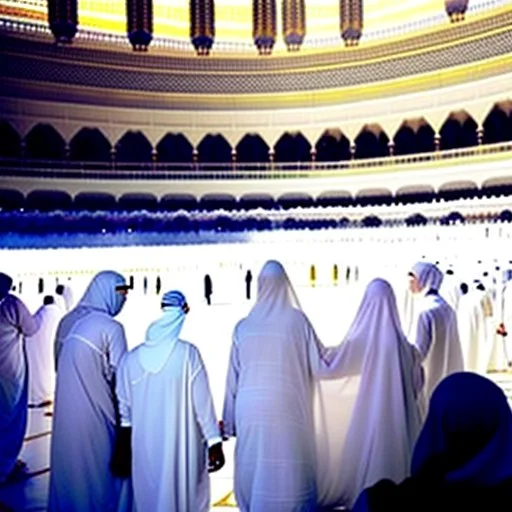 The scene in Mecca: People wearing white Ihram clothes, men without head coverings, women with veils, circumambulating around the Kaaba, and above them are transparent white spirits of children, men, and women with wings revolving around the Kaaba.