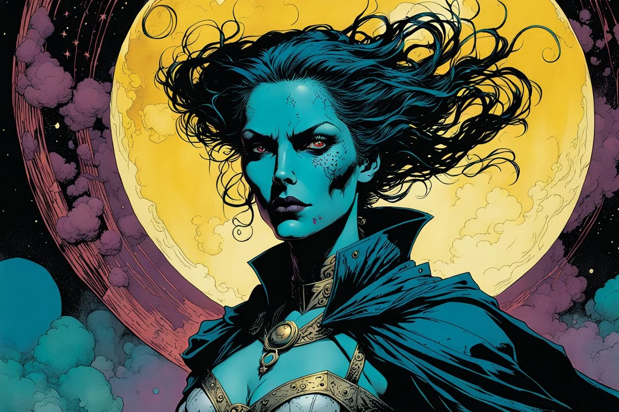 create an ethereal, otherworldly female Ravnos ancient antediluvian vampire shape shifter , in the comic book art style of Mike Mignola, Bill Sienkiewicz, and Jean Giraud Moebius, with highly detailed feminine facial features , finely inked , dramatic natural lighting