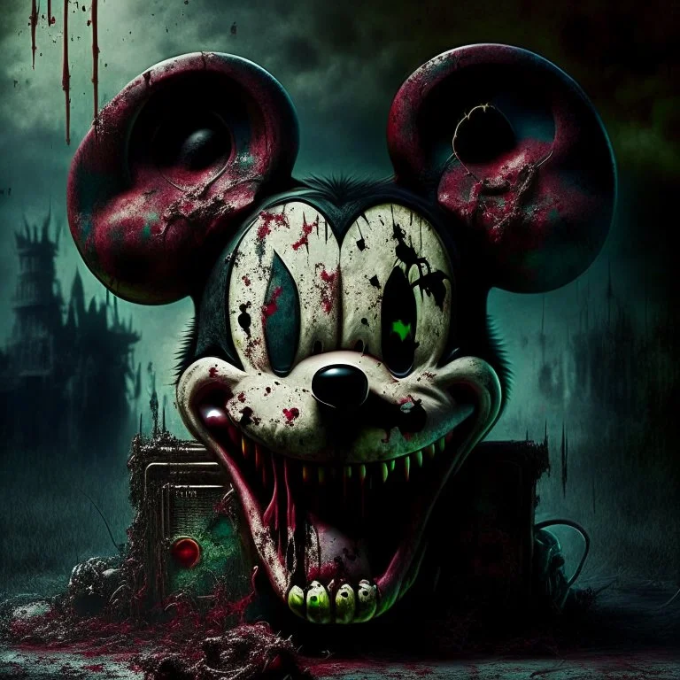 zombie mickey mouse hybrid, photorealism, movie screen capture, horror, sci-fi, evil, hungry, rotted